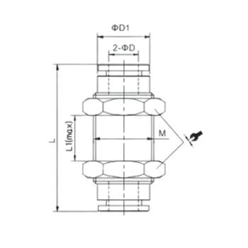Picture of IPMT10 - Bulkhead Union - Metal Push-in Fitting - 10mm Tube To 10mm Tube (M18X1) - Nickel Plated Brass